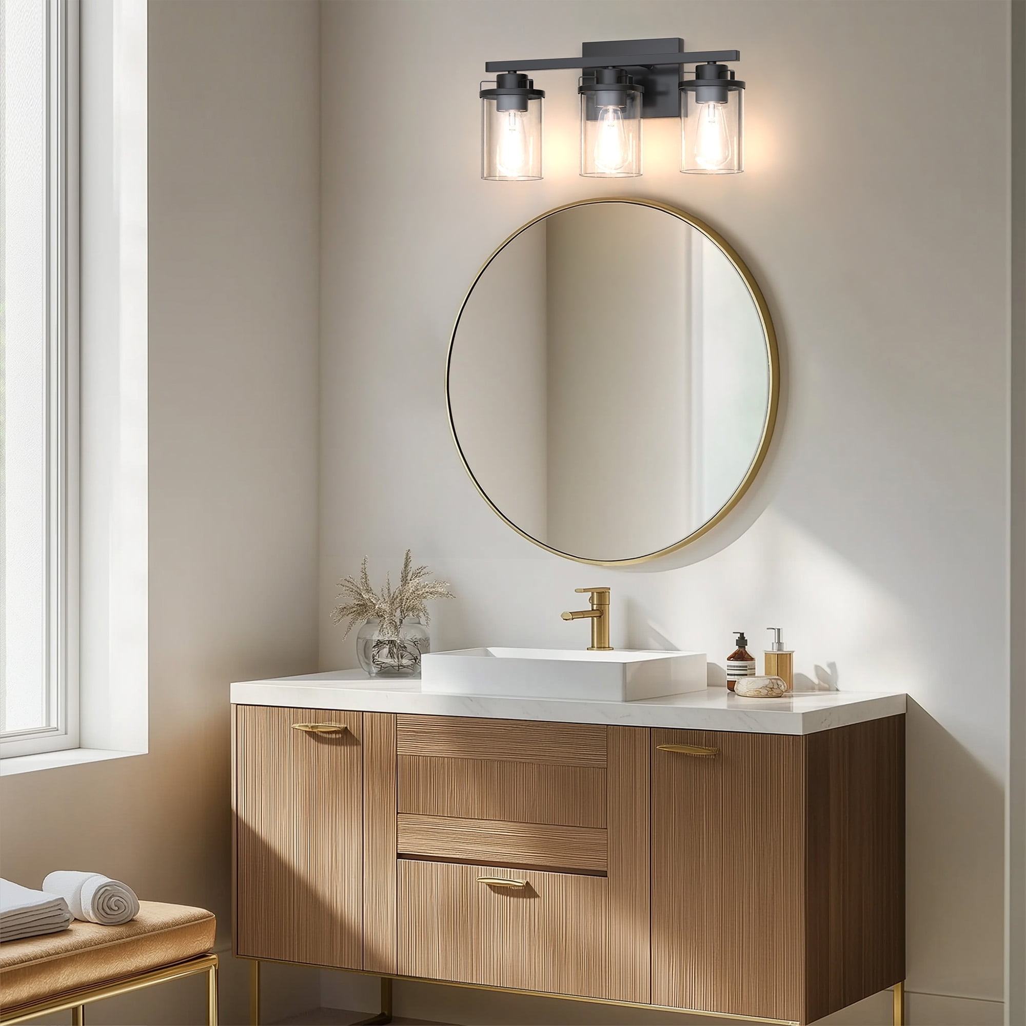 YANSUN  17.8 in 3-Light Black Vanity Light with Clear Glass Shades for Budget Bathrooms, Powder Room, Vanity Table