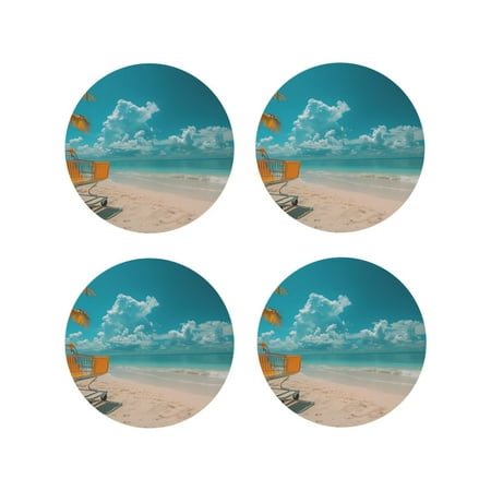 

Junzan Shopping Cart On Tropical Beach Print Coasters for Drinks - Leather Coasters Set of 4 for Coffee Table for Housewarming/Kitchen/Bar/Decor-Round Shape