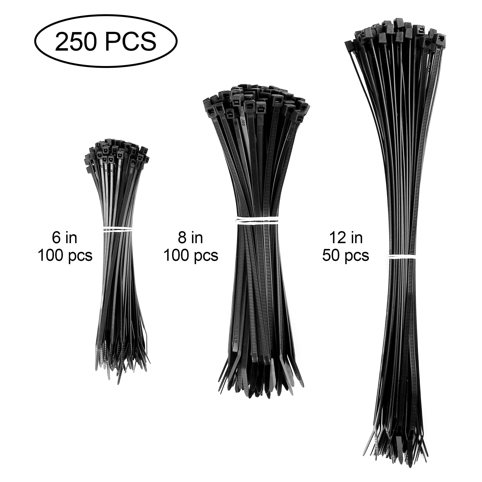 250 pcs Black ZIP Ties Variety Pack CABLE TIES Assorted Sizes Black Wire Cord Or 