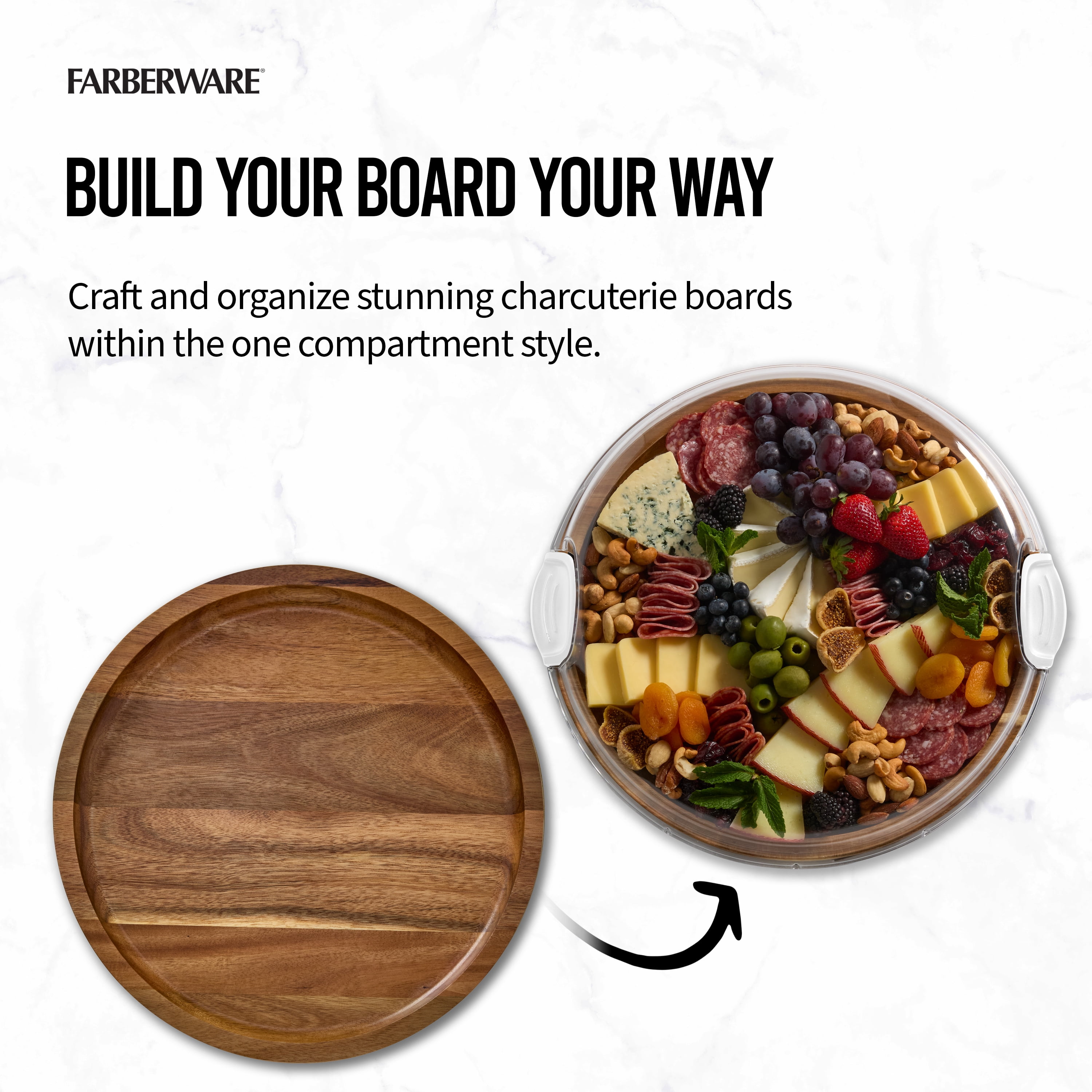 Farberware Build-A-Board 14-Inch Round Acacia Cutting Board with Single Compartment & Locking Lid
