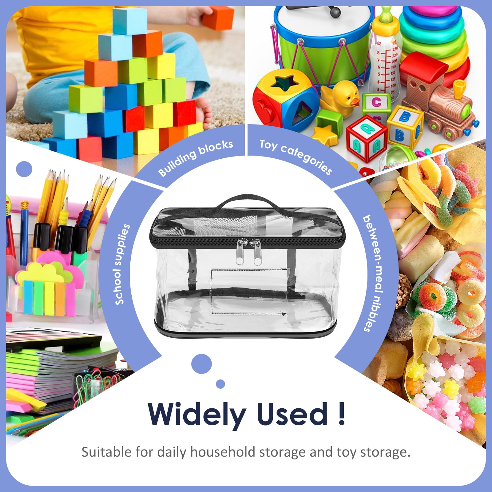 4Pcs Clear Toy Storage Bag with Name Tag& Manual Pocket, Waterproof Transparent PVC Toy Organizer Case for Lego Bricks, Board Games, Building Blocks, Puzzles (Large Capacity, Black)