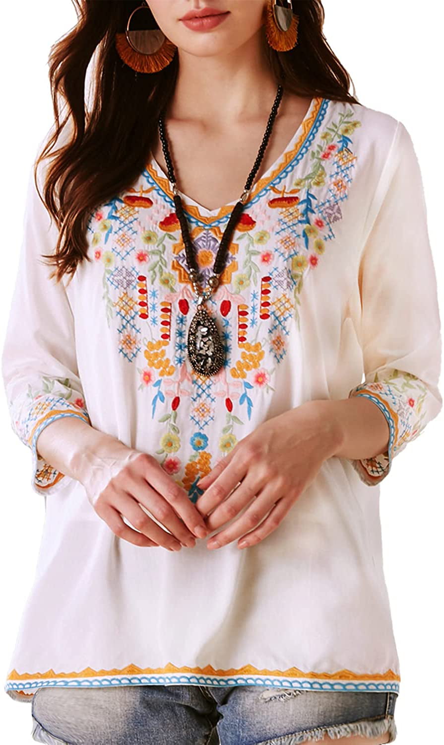 Mexican Embroidered Shirts for Women Boho Tops and Blouses 3/4