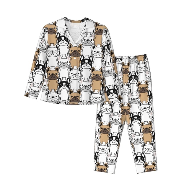 Balery French Bulldog 2 Conjunto de Pijama con Estampado para Mujer, Conjunto de Dos Piezas con Manga Larga, Ropa de Dormir Suave con Bolsillos, Pijamas Cómodos-Large