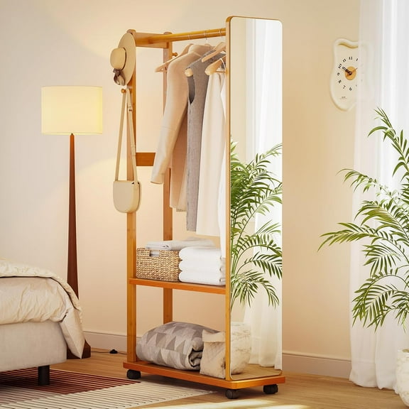 Bamboo Coat Rack, Mirror Coat Tree Stand with Shelves and Hooks, Freestanding Clothes Coat Hanger Stand, Bedroom/Living Room/Entryway, Chestnut