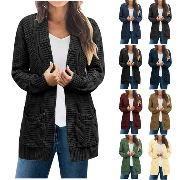 ATOYSOY Women's Solid Color Strip Pocket Knit Cardigan Jacket Duster Sweater Cardigan Workout Cardigan for Women Beige L