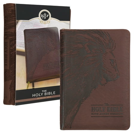 KJV Holy Bible, Standard Size Faux Leather Red Letter Edition - Thumb Index & Ribbon Marker, King James Version, Brown Lion Zipper Closure (Hardcover)