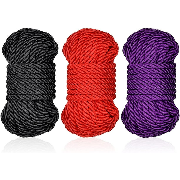 Braided Twisted Silk Ropes 8mm Diameter Soft Solid Braided Twisted Ropes  Decorative Twisted Satin Shiny Cord Rope for All Purpose and DIY Craft  (Black, Red, Purple,3 Pieces) 