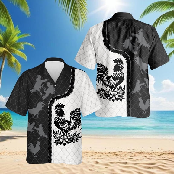 Rooster Hawaiian Shirt for Men, Retro Style, Button Down Summer Beach Short Sleeve, S-5XL