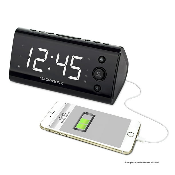 Magnasonic Radio Réveil avec Recharge USB pour Smartphones et Tablettes Comprend Double Alarme, Batterie de Secours, Réglage Automatique de l'Heure et 1,2" LED Écran avec 4 Options de Gradation (EAAC470W)