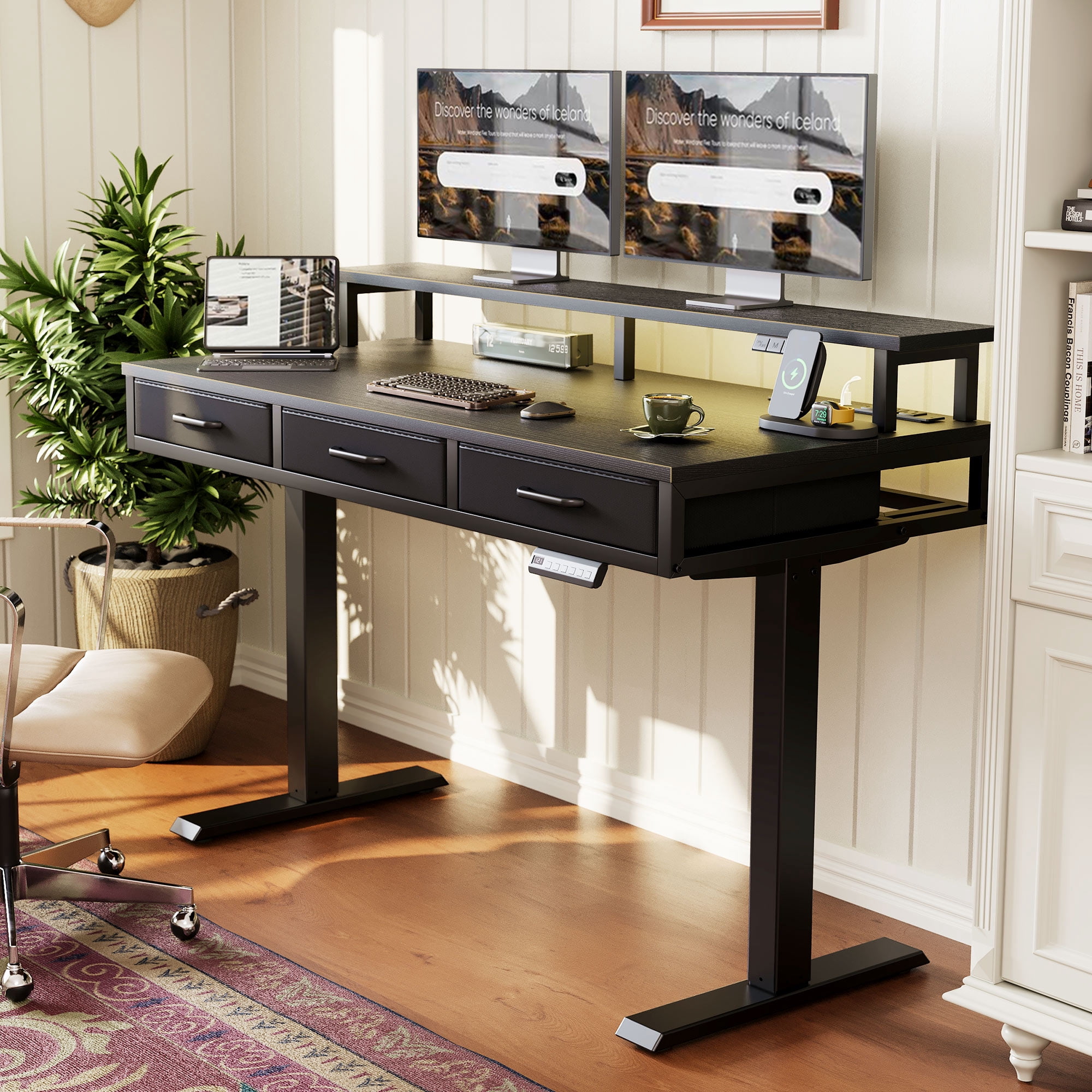 Casacomoda 55 inch Electric Standing Desk with Power Outlets and LED Lights, Adjustable Height Sit Stand Desk with Monitor Shelf & 3 Fabric Drawers for Home Office, Black