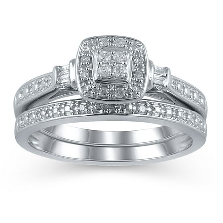 1/10 Carat T.W. JK-I2I3 diamond Cushion Bridal Set in sterling silver, Size 6