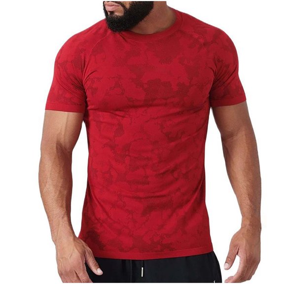Prolriy Shirts for Men, Men's Fashion Spring and Summer Sports Short Sleeved Round Neck Camouflage Tight Fitting T Shirt Top Mens Shirts Red M