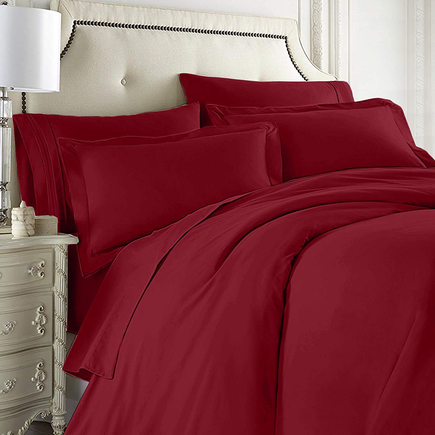 Nestl Bedding 7-Piece King Duvet Cover and Bed Sheet Set - Includes Duvet Cover, Flat Sheet, Fitted Sheets, 2 Pillowcases and 2 Pillow Shams - Complete Luxury Soft Microfiber Bedding Set, Burgundy Red
