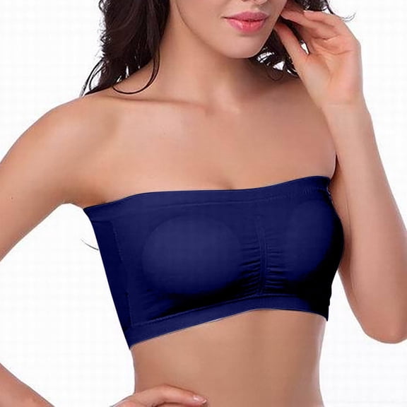 Xfvqtps Strapless Bras for Women Padded Elastic Bralette Push up Solid Color Bandeau Bras Navy
