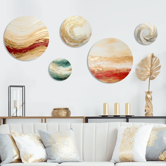 Designart "Fusion de Vagues Dorées et Rouges Calmes" Ensemble de Décoration Murale en Métal Moderne de 5 - Ensemble de Décoration Murale en Métal Doré pour Chambre