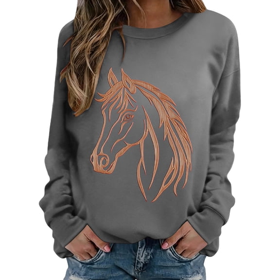 MVRLSH Essentials Hoodies for Women Horse Riding Graphic Crewneck Loose Long Sleeve Casual Pullover Tops Spring Fall Layering Daily Outfit Match Sweatshirt Gray - XXL