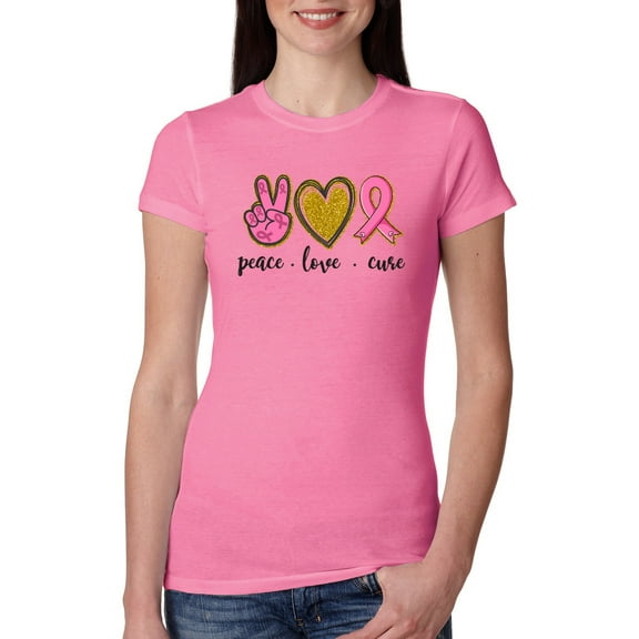 Peace Love Breast Cancer Awareness Breast Cancer Awareness Womens Slim Fit Junior Tee, Hot Pink, Small