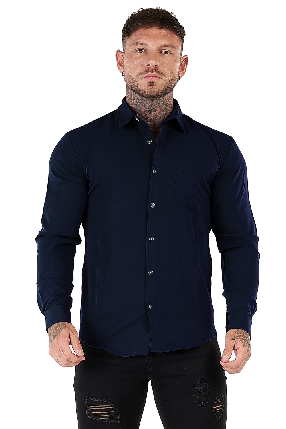 Men’s New Dress & Sleeve Shirts Fit Trendy Button Leisure Long Slim Pj Collar 