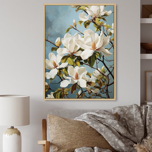 Designart "White Yellow Magnolias Magnolia euphony" Floral Floater Framed Canvas Wall Art