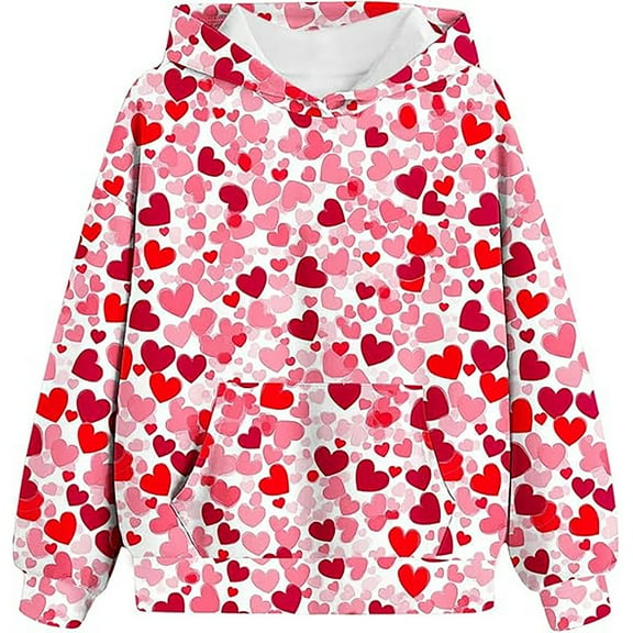 WOYY Valentine's Day Hoodie for Girls Hearts Print Loose Hooded Sweatshirt with Pocket