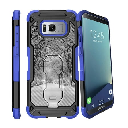 Case for Samsung Galaxy S8 Plus Version [ UFO Defense Case ][Galaxy S8 PLUS SM-G955][Blue Silicone] Carbon Fiber Texture Case with Holster + Stand City Travel