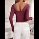 thumbnail image 4 of Camisetas de Larga con Cuello en V para Mujer, Top Corto con Doble Forro y Copas con Costura para Salir. Rojo Oscuro XL, 4 of 9
