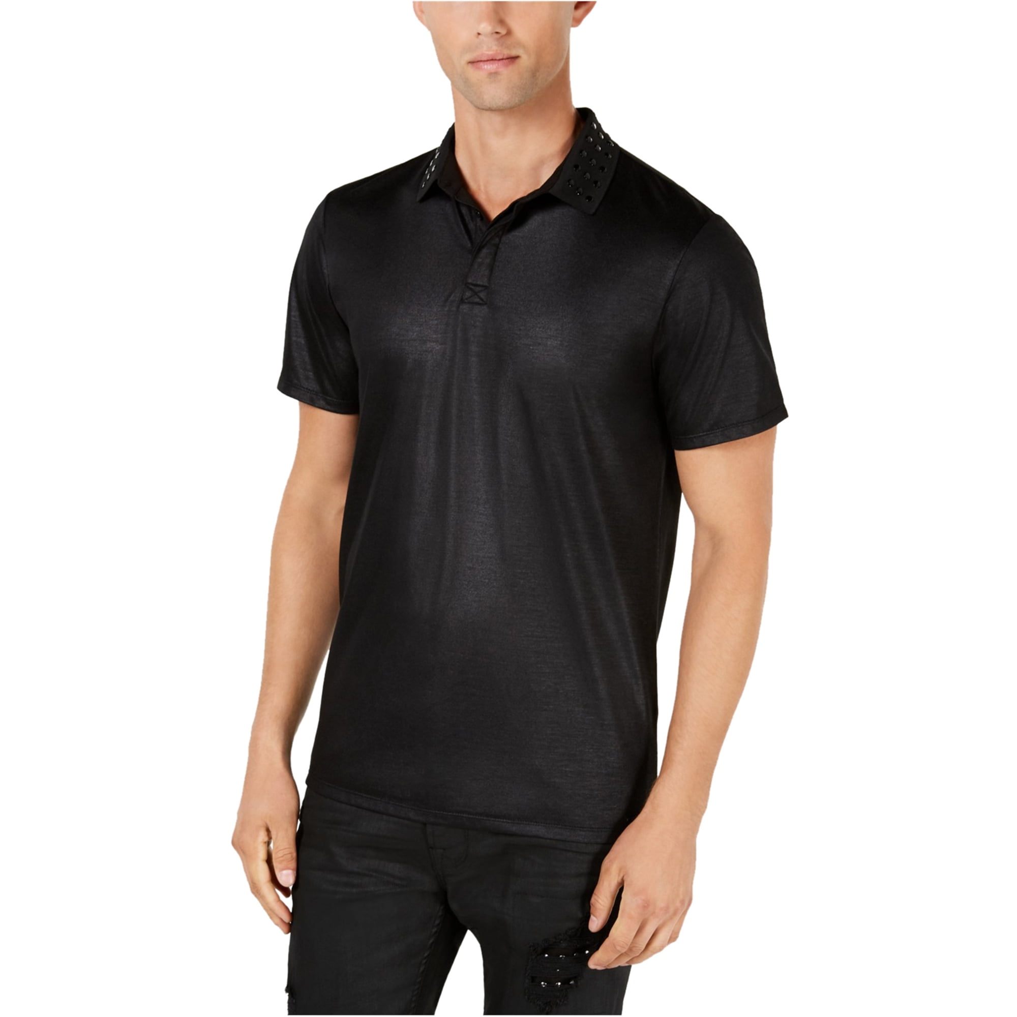 GUESS GUESS Mens Stud Collar Rugby Polo Shirt, Black, XLarge