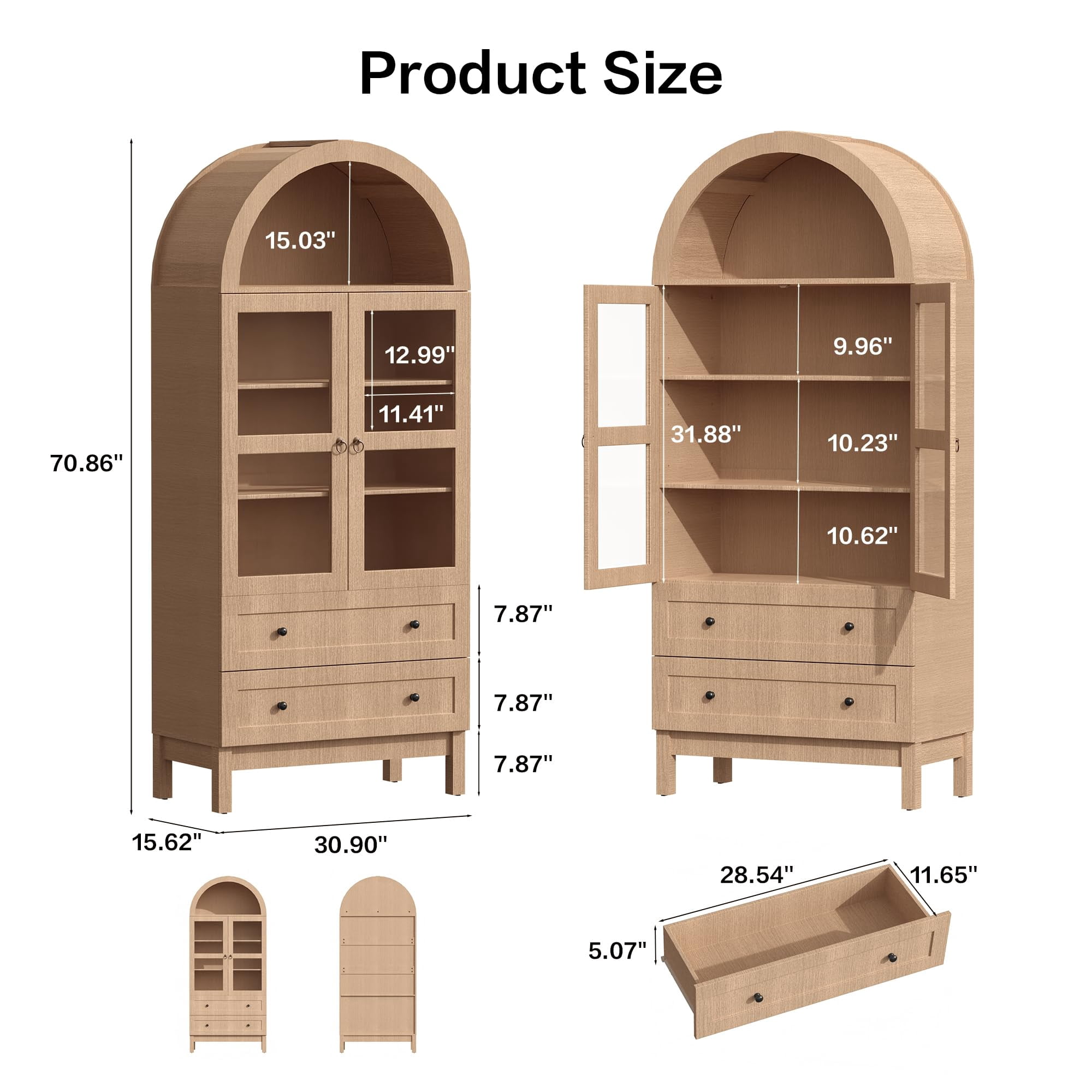 71" Tall Arched Kitchen Pantry, Storage Cabinet with Glass Doors, 2 Large Drawers & 3 Adjustable Shelves, Modern Farmhouse Design for Home Kitchens, Small Homes & Apartments