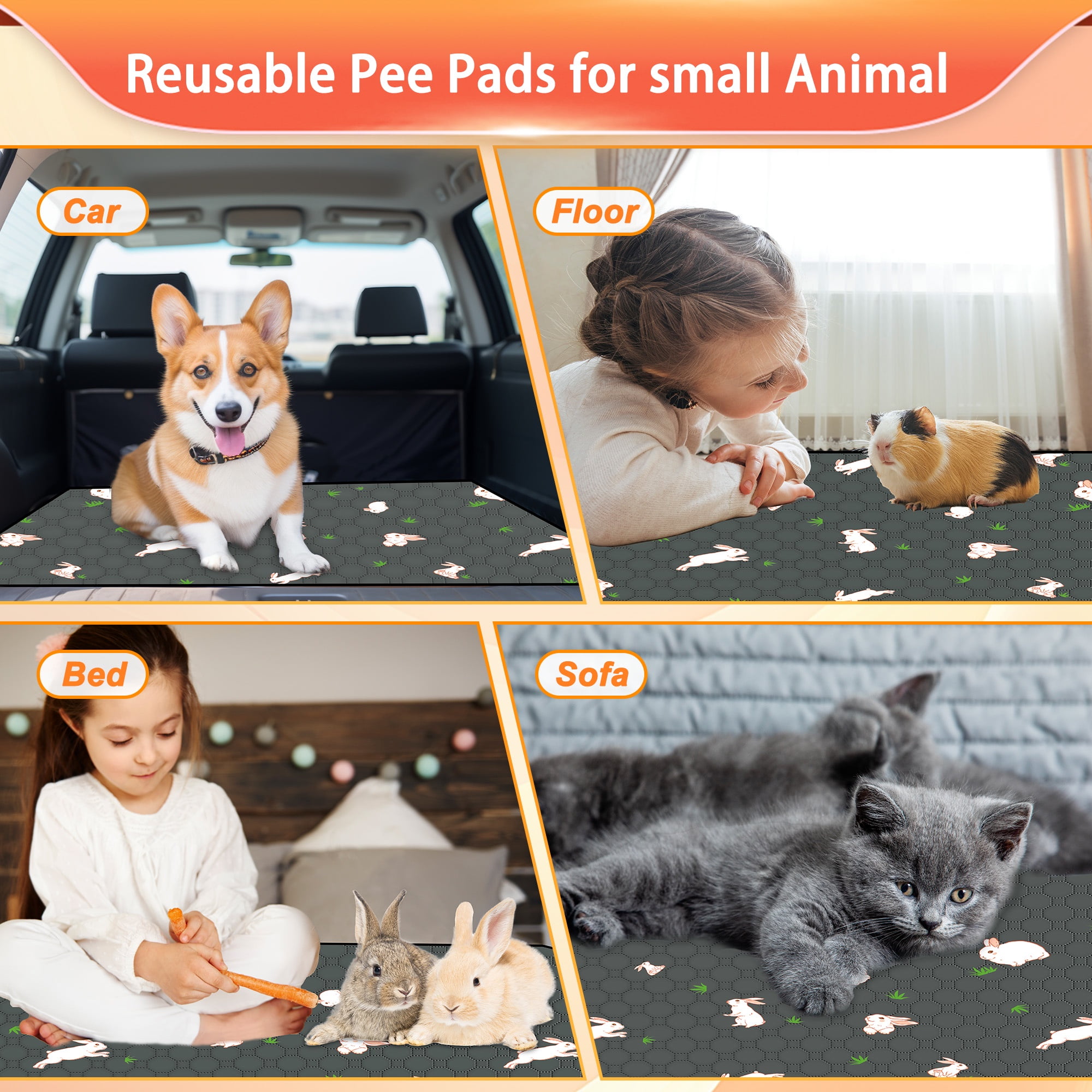 BadPiggies Washable Pee Pads For Guinea Pig, 4PCS Non-Slip Hamster Cage Liners Reusable Pet Mat Sleep Cushion