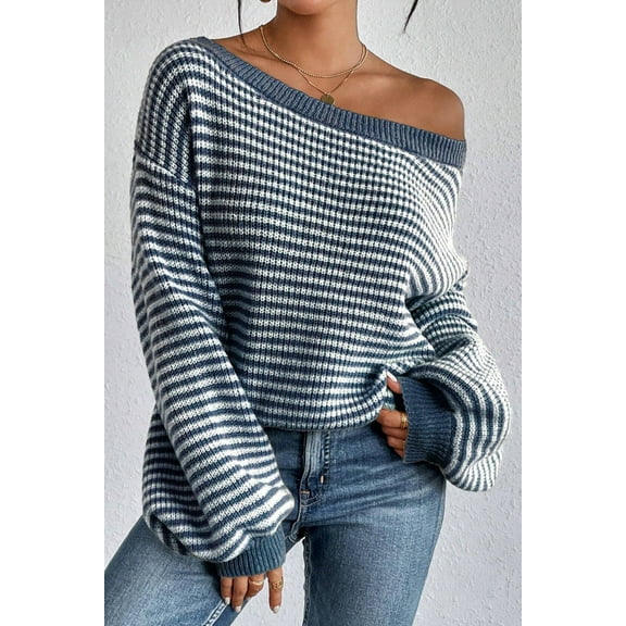 Ushdele Sail Blue Striped Sweater: Cozy Lantern Sleeves - Trendy for You!
