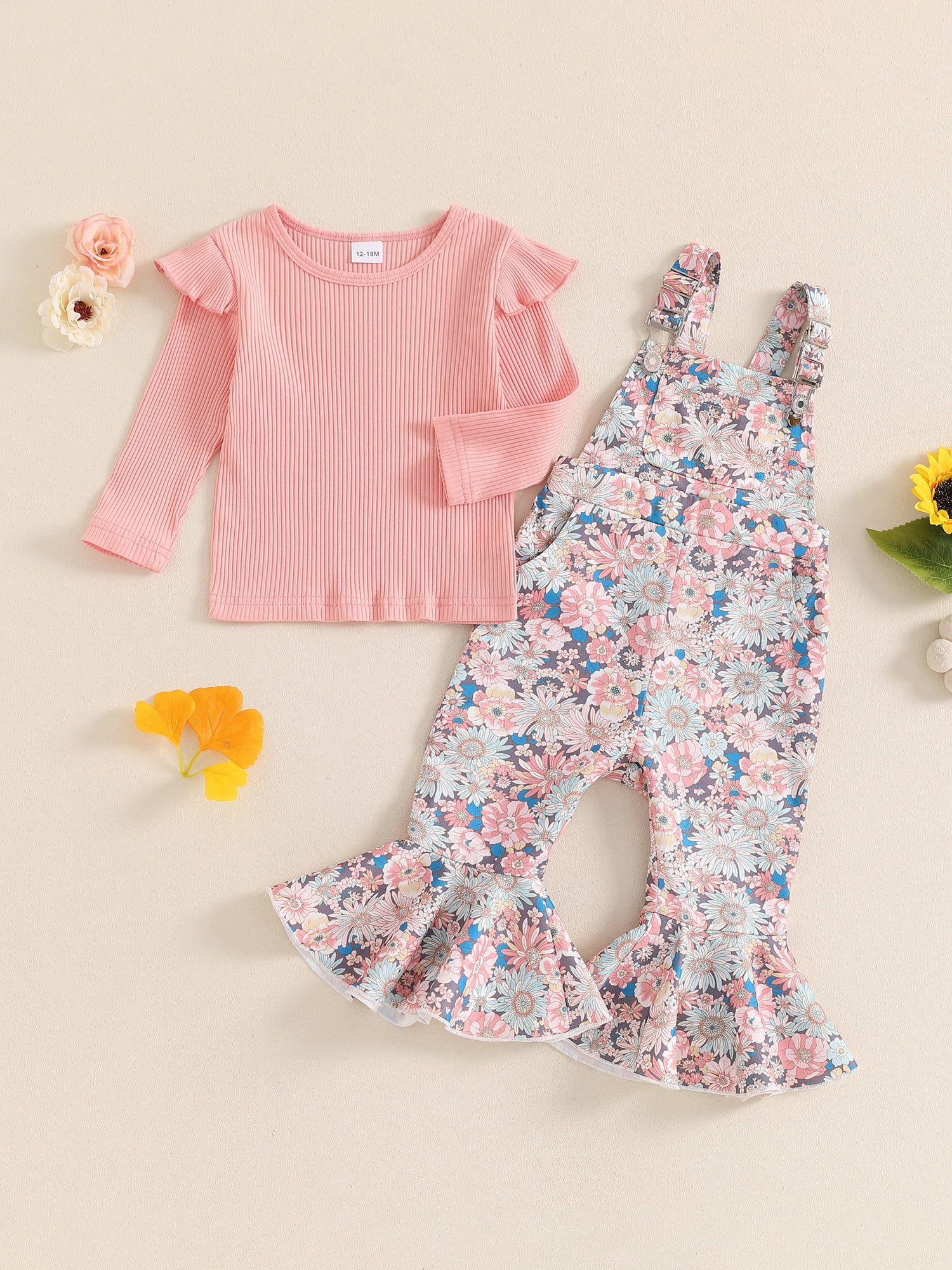 Hirigin Toddler Baby Girl Fall Clothes 1-5 Years Floral Print Overalls Suspender Flare Pants Long Sleeve Ruffle Knit Top 2Pcs Outfits Set