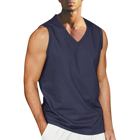 Cathalem Men's Workout Sleeveless Shirts Gym Sleeveless Shirts V Neck Bodybuilding Muscle Tee Shirt,Dark Blue XXL