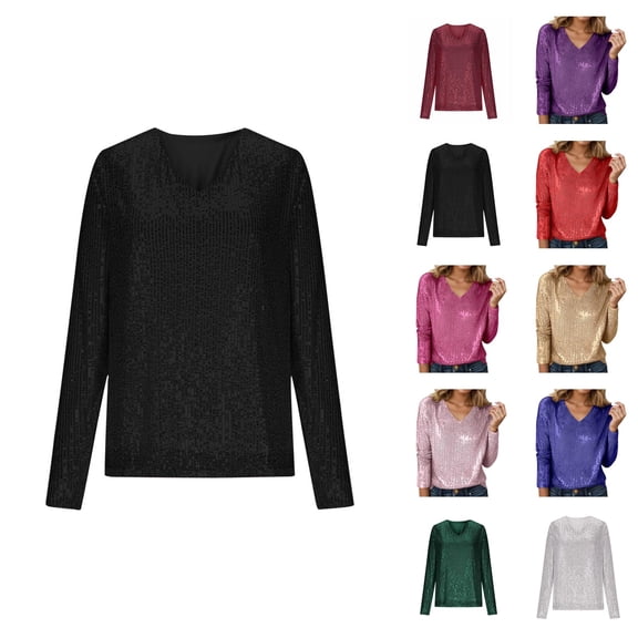 Long Sleeve Shirts for Women Glitter Sequin Top V Neck Casual Sparkle Blouse Night out Tops Party Clubwear