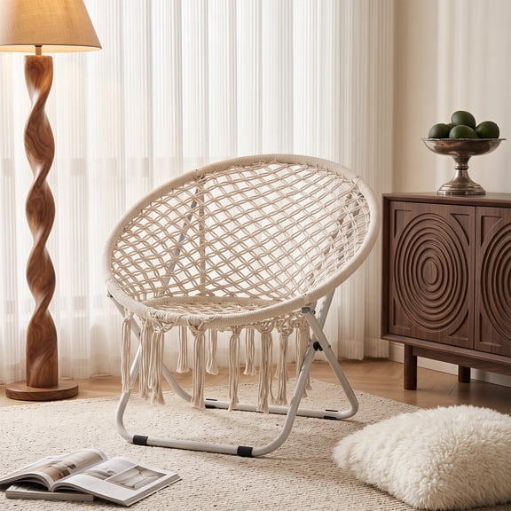 Skandiquip Boho Woven Tassel Accent Chair Foldable Metal Frame Leisure Single Chair Indoor Outdoor Beige