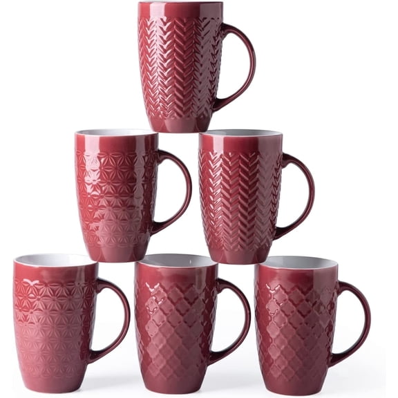 AmorArc Extra Large Coffee Mugs Set of 6, 20oz Ceramic Tall Coffee Mugs Set with Textured Geometric Patterns for Latte/Tea/Beer/Hot Cocoa, Dishwasher & Microwave Safe,Burgundy