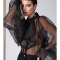 thumbnail image 3 of Blusa de mujer con cuello vuelto y mangas acampanadas, camisa informal de una pieza para fiesta, color negro, M, 3 of 6