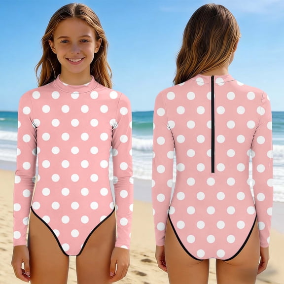 ITSAME Girls One-Piece Swimwear, Polka Dot Print Sun Protection Crew Neck Quick-Dry Beach Swimsuit Pink Size 9-10