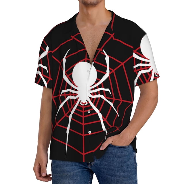 Balery Spider On The Web Camisa Casual de Manga Corta con Botones para Hombre, Texturizada, Estilo Cubano, para Playa, Verano-Large