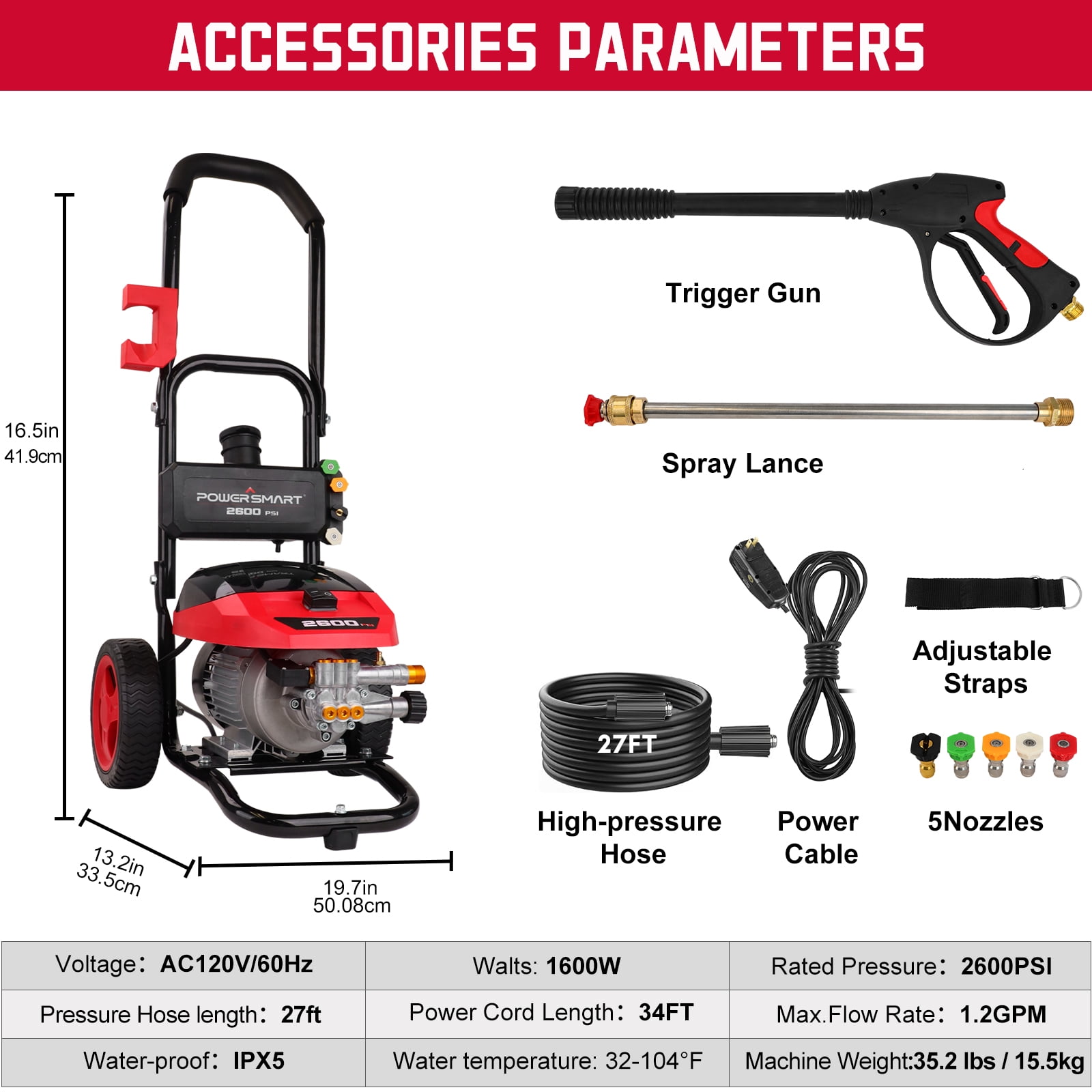 PowerSmart 2600PSI Electric Brushless Pressure Washer, 1.2GPM, 1800W, 27FT Hose, Safety Lock