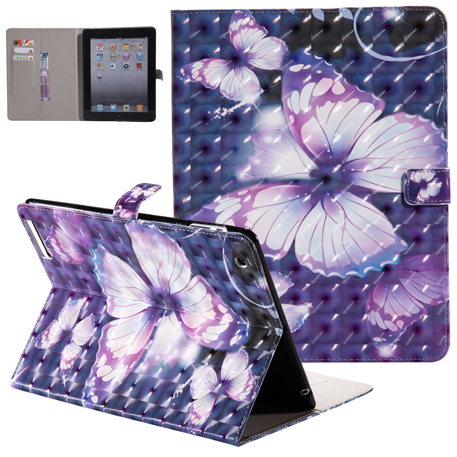 iPad 4 Case, iPad 3 Case, iPad 2 Case, Allytech 3D Pattern PU Leather Protective Smart Case with Auto Sleep Wake Folio Kickstand Cards Slots Wallet Case Cover for Apple iPad 2 3 4, Purple Butterfly - image 1 of 1