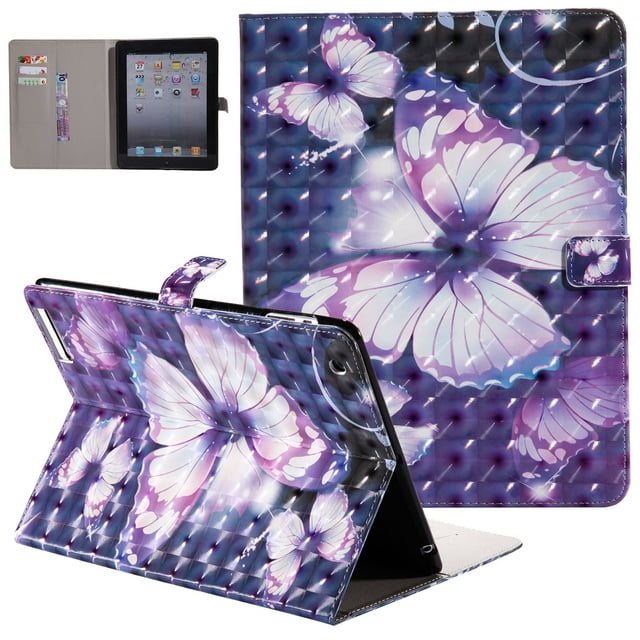 iPad 4 Case, iPad 3 Case, iPad 2 Case, Allytech 3D Pattern PU Leather Protective Smart Case with Auto Sleep Wake Folio Kickstand Cards Slots Wallet Case Cover for Apple iPad 2 3 4, Purple Butterfly