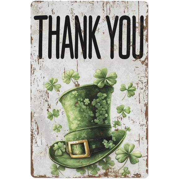 St. Patrick's Day Metal Tin Sign, Leprechaun Hat and Shamrock Wall Decor, Lucky Clover Plaque, 8 x 12 Inch