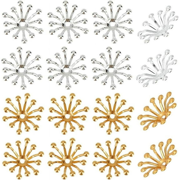 1 Box 200Pcs Bead End Caps Flower Stamen Filigree Beads End Caps 3D Golden Silver Brass Flower Spacer End Cap Metal Multi-Petal Bead Caps for Jewelry Making DIY Earrings Necklace Supplies