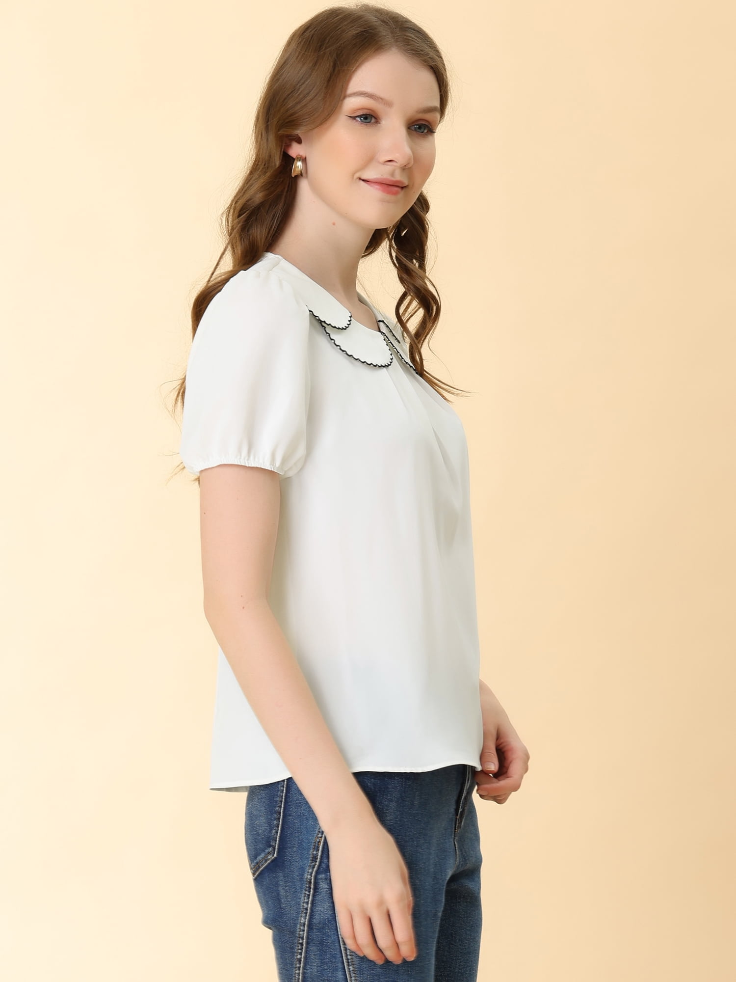 DARING DIVA Women's Retro Puff Sleeve Peter Pan Collar Blouse Top S White