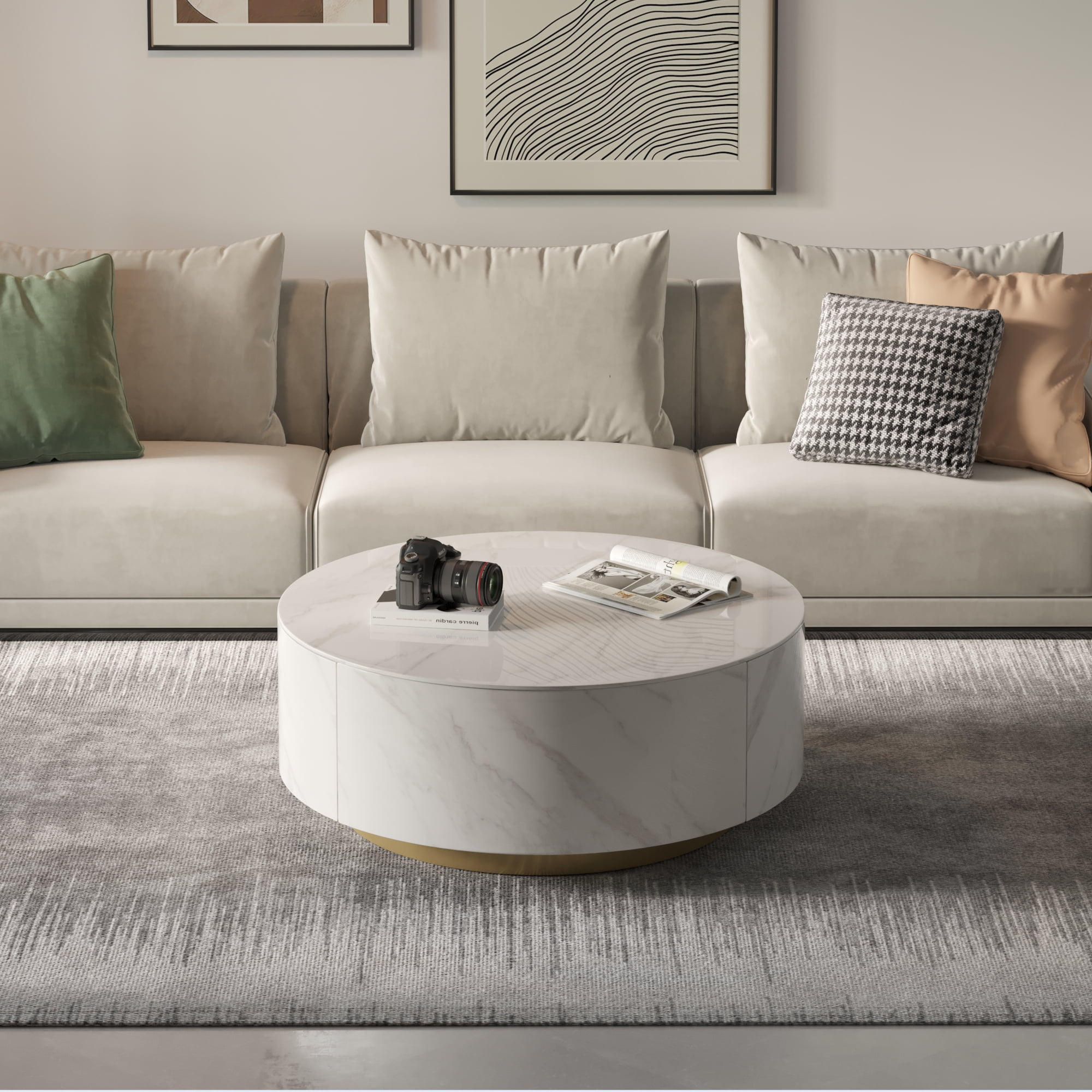 Magic Home Modern Round Coffee Table with Two Drawers,Circle Coffee Table Space-Saving Multiple Purpose for Living Room,dining room and home office,White