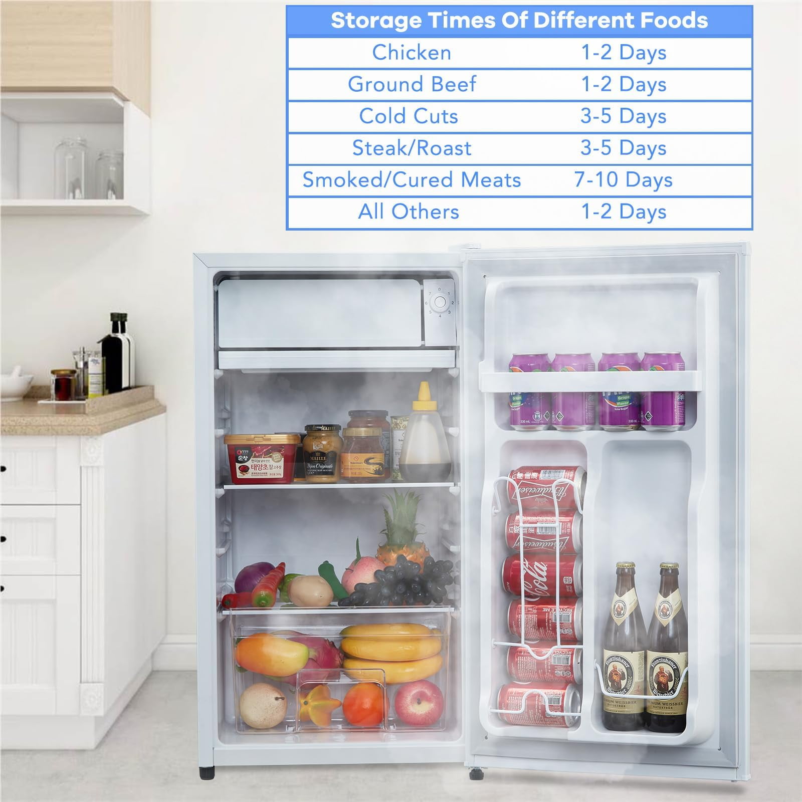DSstyles Mini Fridge With Freezer - 4.3 Cu.Ft, Adjustable Thermostat, Reversible Single Door, Ideal for Dorm, Office, Rv, Garage, Apartment, White