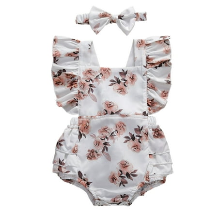 

ZQC Baby Girls Clothes Set Floral Print Sleeveless Romper and Headdress