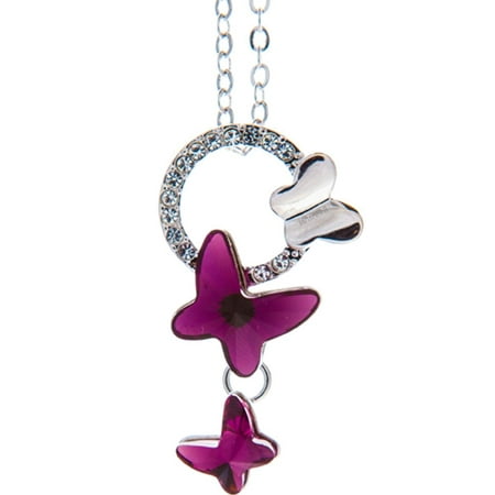 Rhodium Plated Necklace with Purple Fluttering Butterflies Design with a 16 Extendable Chain and High Quality Crystals by Matashi