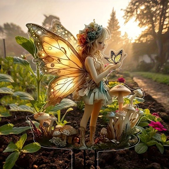 XIBUFE Enchanting Fairy Garden Decor with Glowing Wings & Butterflies - Rustic Plastic Bonsai Ornament for Easter & Outdoor Spaces, Fairy Garden Accessories