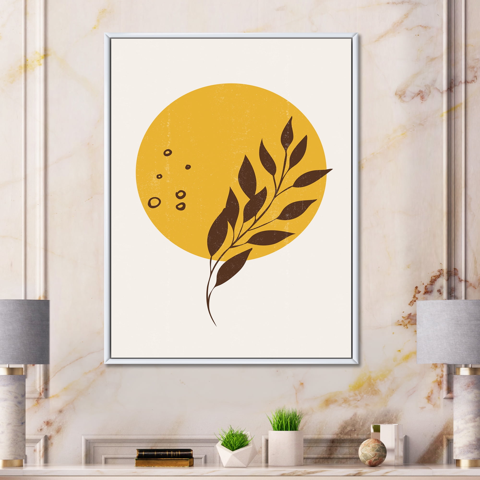Designart 'Abstract Moon and Yellow Sun With Tropical Leaf II' Modern Framed Canvas Wall Art Print